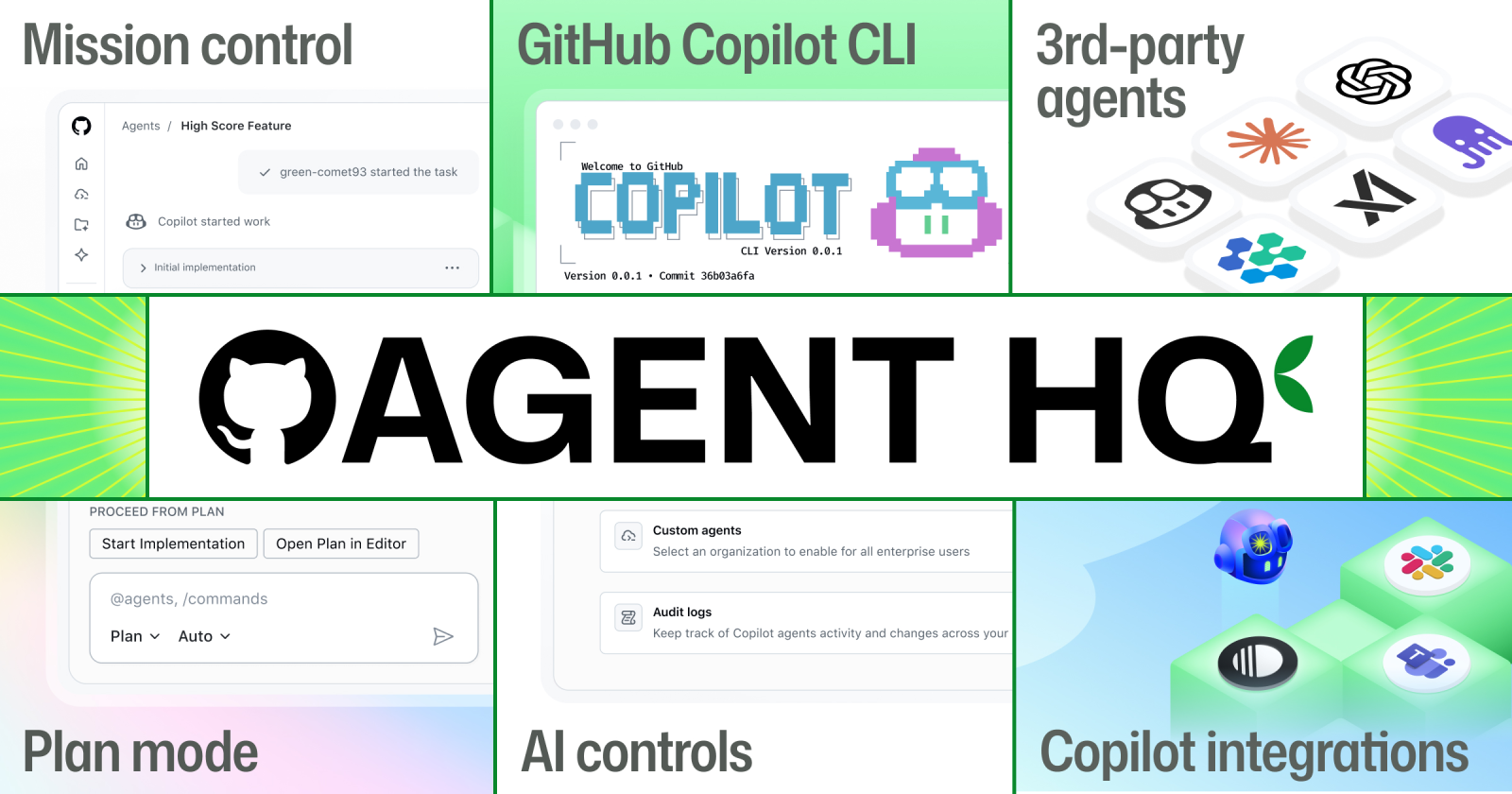 Agent HQ — mission control, AI controls, plan mode, copilot integrations, and third-party agents on a unified dashboard